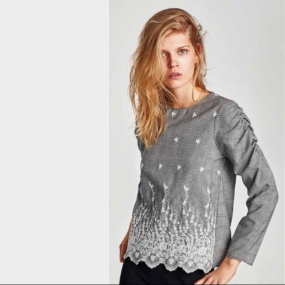 Zara Embroidered Plaid Gray Blouse